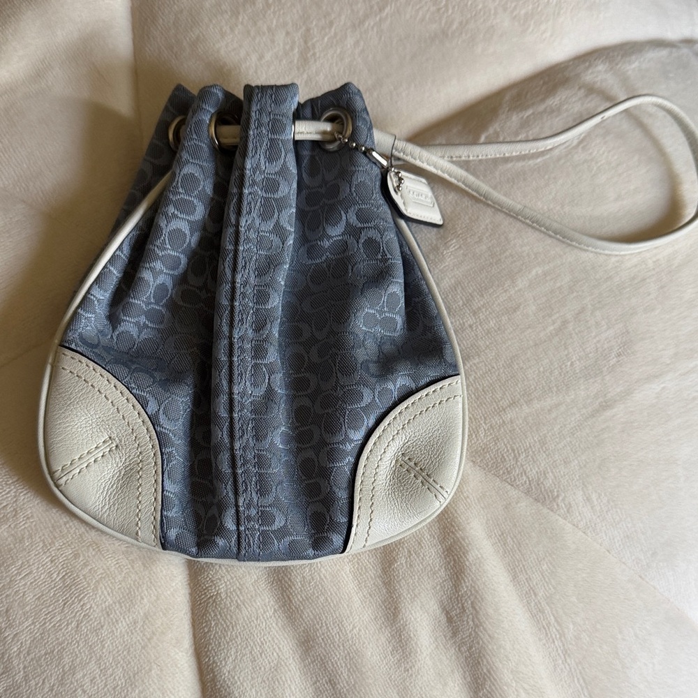 Vintage Coach Blue Signature Drawstring Mini Wristlet with Chalk Trim